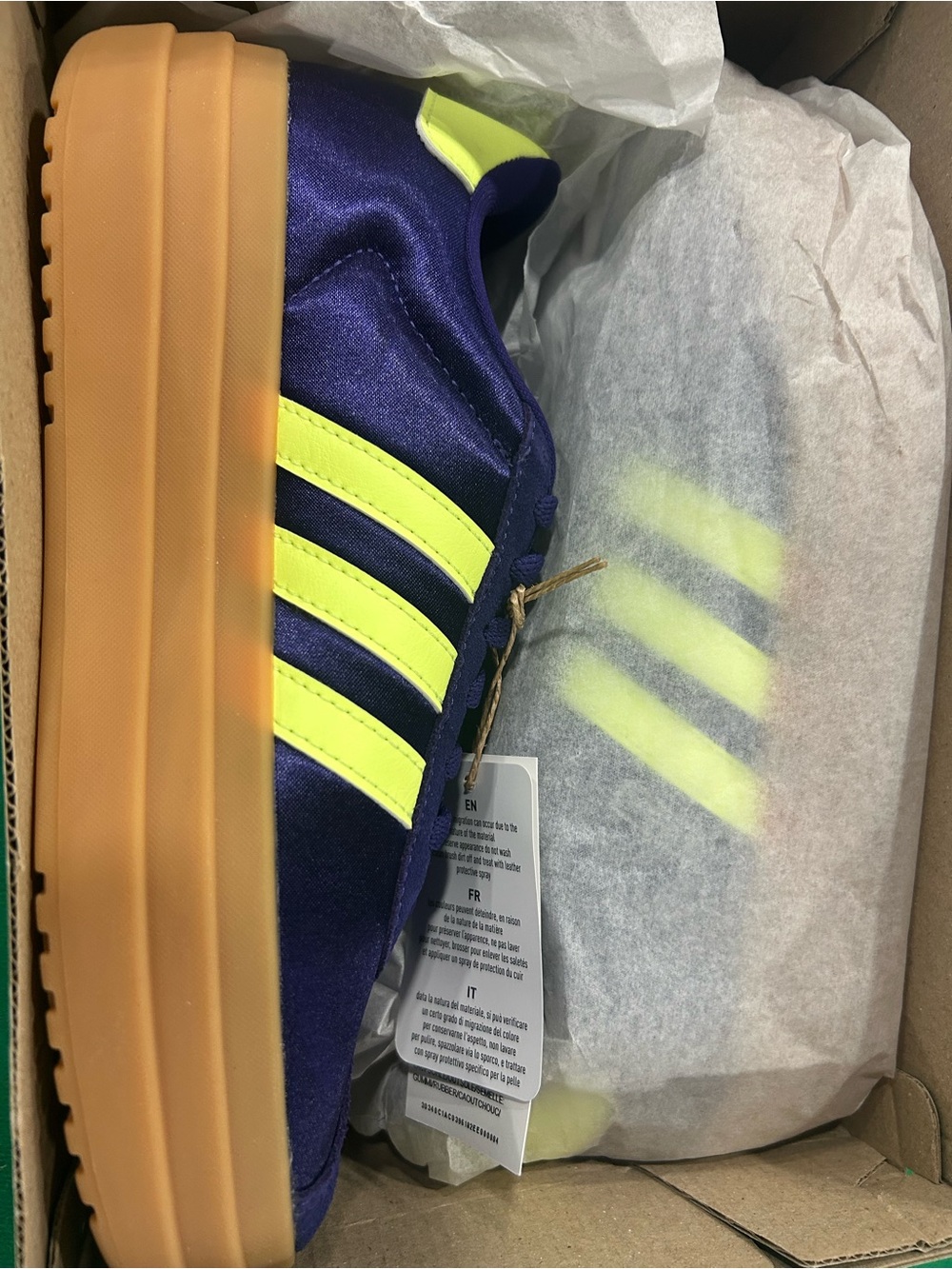 adidas Kids Purple Sneakers with Neon Yellow Stripes and Gum Sole